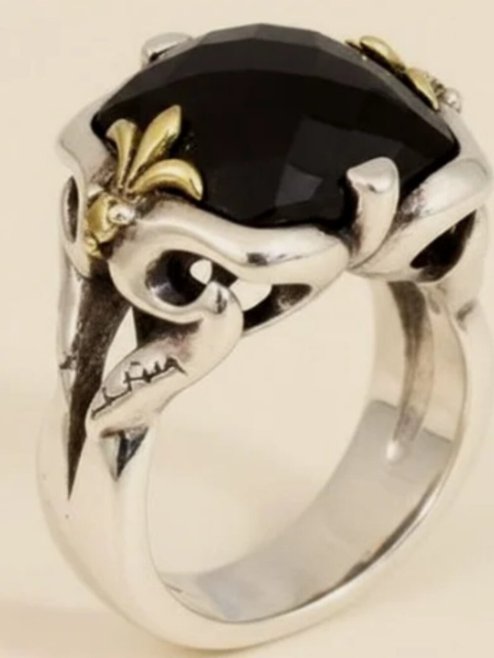 18K ANN KING Fleur de Lis Sapphire Onyx Sterling Silver Avant Garge Ring